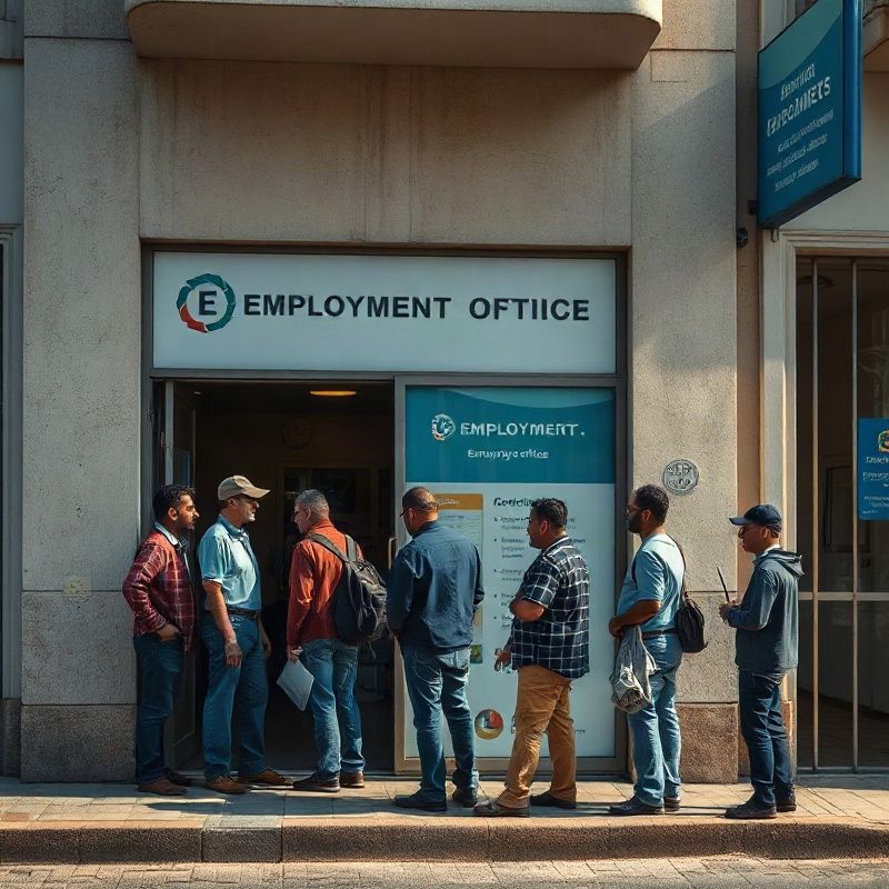 Trabajadores esperando frente a una oficina de empleo en una ciudad del interior de Uruguay