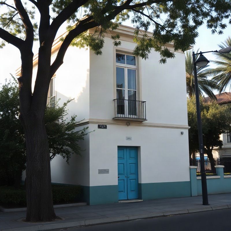 Fachada de un edificio en una calle arbolada de Rivera, Uruguay