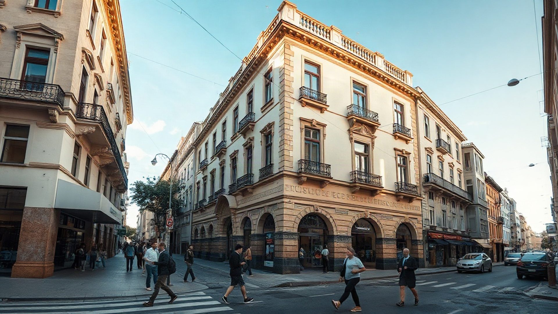 Calle céntrica de una ciudad uruguaya con luz de mediodía